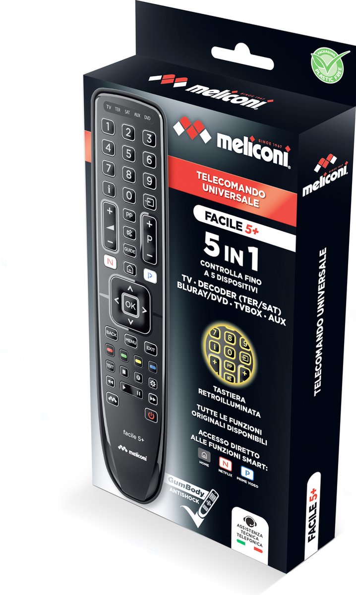 Meliconi Gumbody Facile 5+ afstandsbediening DVD/Blu-ray, Home-audiosysteem, Home cinema-systeem, Sky, Soundbar-luidspreker, TV Drukknopen