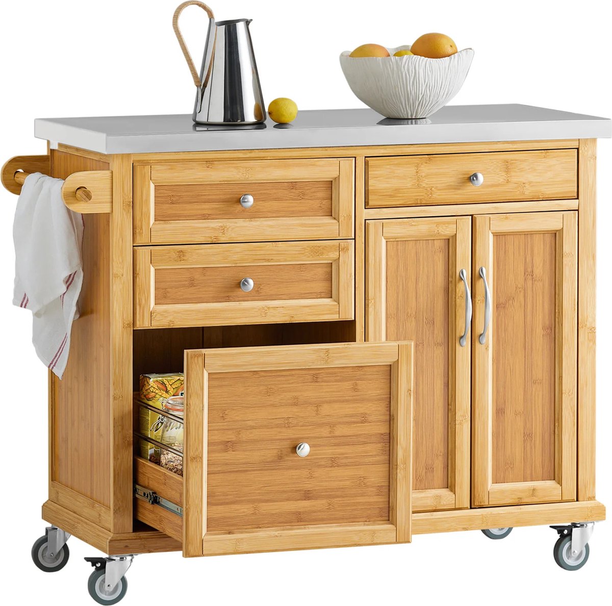 Keukeneiland - Verplaatsbaar - Keukenkast - Dressoir - Organizer - Kasten - Houten Werkblad - Lade - Bruin