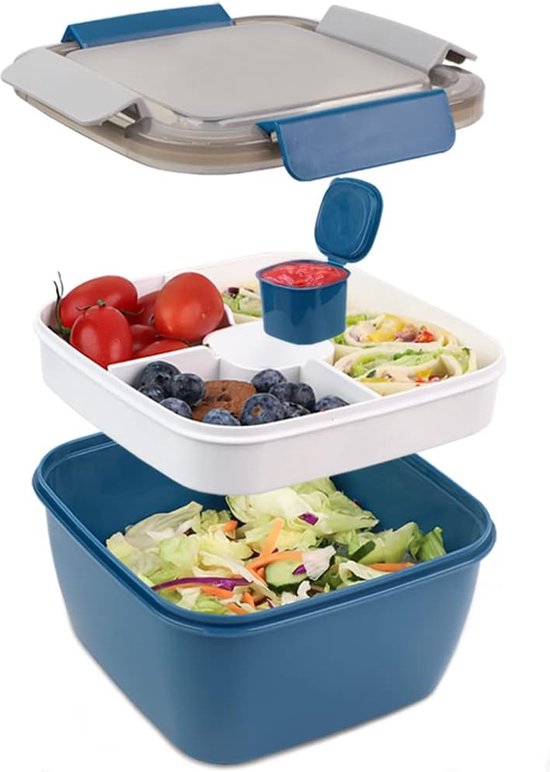 Foto: Bento box 1500ml lunchbox salade lunchcontainer om mee te nemen met 3 compartimentenlade saladekom met dressingcontainer maaltijdvoorbereiding om mee te nemen containers voor voedselfruitsnack ingebouwde herbruikbare lepel