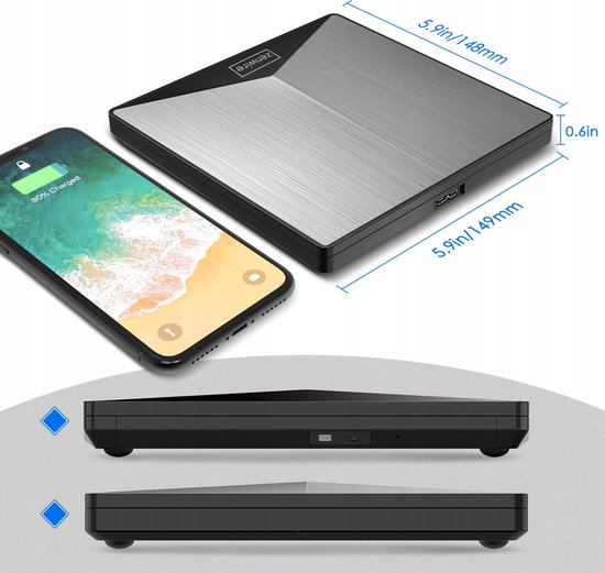 Zenwire Externe DVD Speler en Brander - Optical Drive - Optische Drive - Voor Laptop - USB 3.0 of USB C 3.1 - Plug & Play - Windows, MacOS & Linux - Hoes + Kabel - Externe CD speler- Aluminimum behuizing — afbeelding 4