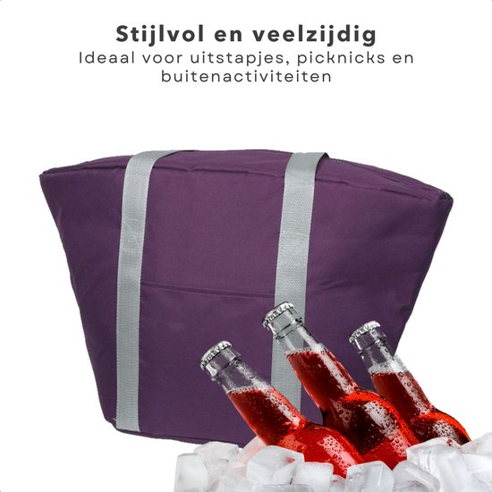 Cheqo® Geïsoleerde Koeltas - 22,3 liter - Paars - Isolerend - Thermische Binnenkant - Dubbel Handvat - Rits - 18,5 x 18 cm - Verstevigde Bodem - Voor Picknick & Boodschappen van Cheqo — afbeelding 4