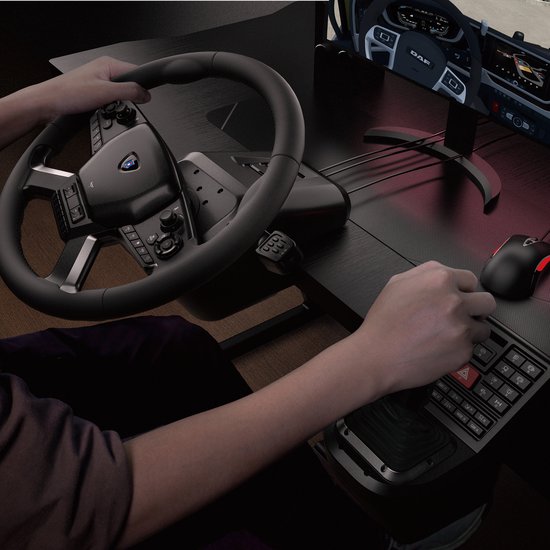 Persoon gebruikt een Hori Force Feedback stuurwiel, versnellingspook en pedalen om te gamen op een computer.