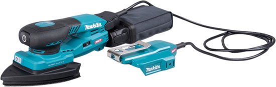 Turquoise Makita deltaschuurmachine met accu en stofzak, links.