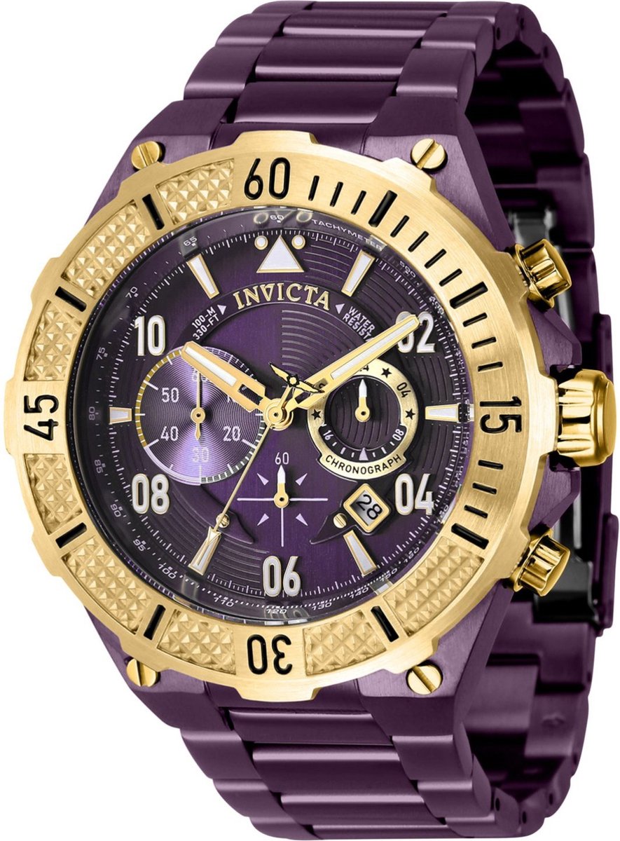 Invicta Aviator 40514 Heren Horloge - Waterdicht - Analoog - Quartz Uurwerk - Roestvrij Staal met paarse Wijzerplaat -50mm