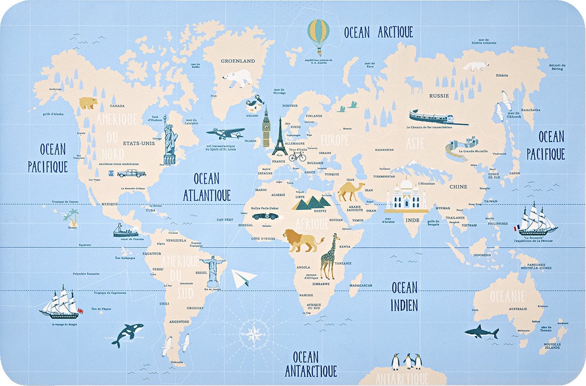 vertbaudet Sous Main Wereldkaart blauw, bedrukt