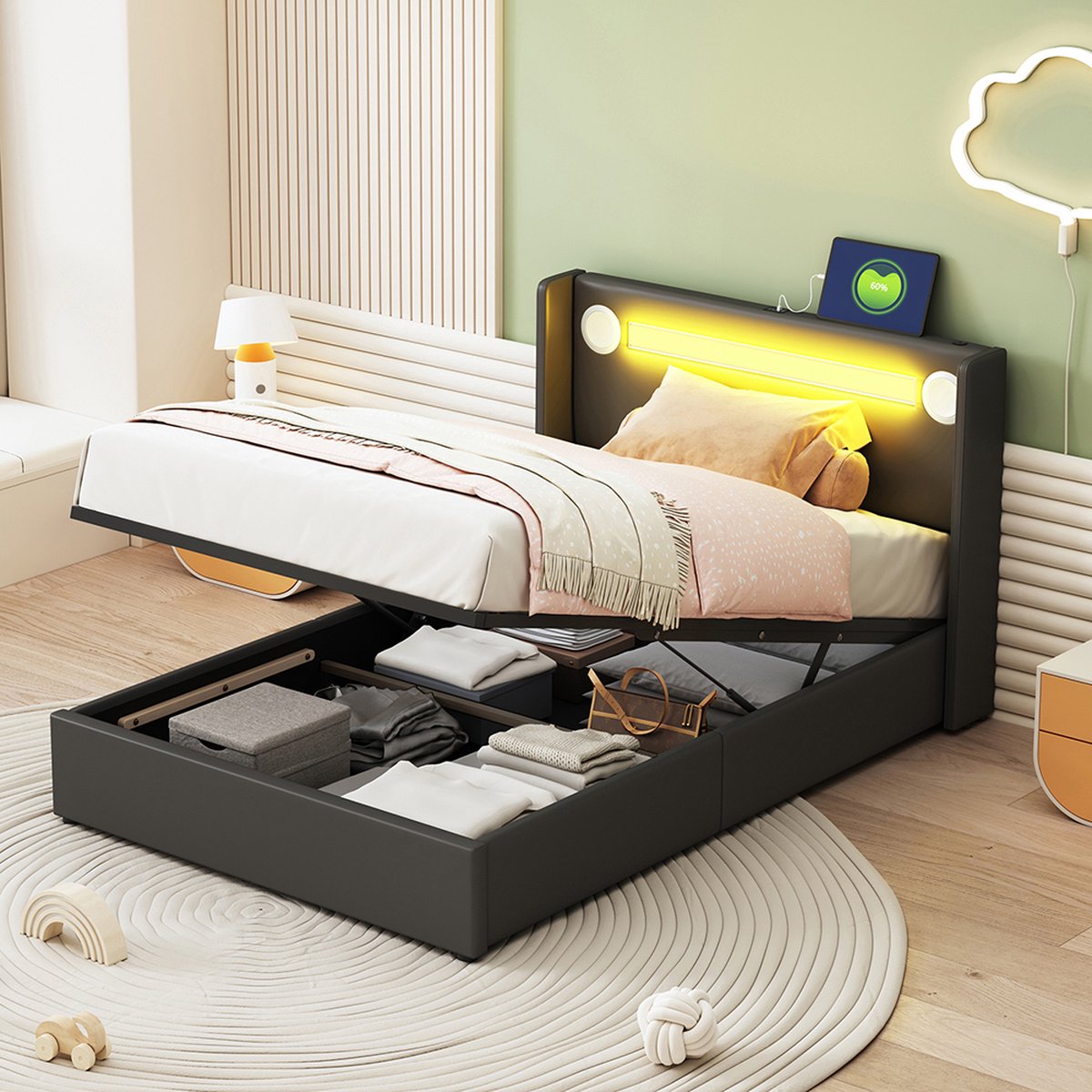 KOMHTOM Kinderbed Gestoffeerd bed 90x200 Bed met LED-lichtbalk Bluetooth-speler en USB-oplader PU-leren opbergbed