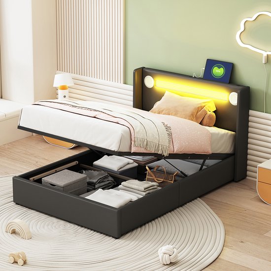 KOMHTOM Kinderbed Gestoffeerd bed 90x200 Bed met LED-lichtbalk Bluetooth-speler en USB-oplader PU-leren opbergbed