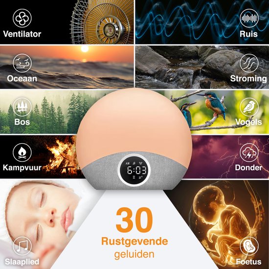 Wekkerlamp met 30 rustgevende geluiden: ventilator, oceaan, bos, kampvuur, slaaplied, ruis, stroming, vogels, donder en foetus.
