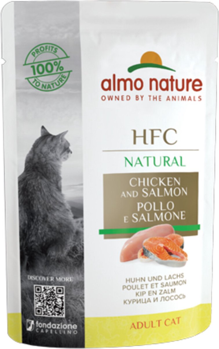 48x Almo Nature HFC Natural Kattenvoer Nat Maaltijdzakje Kip & Zalm 55 gr