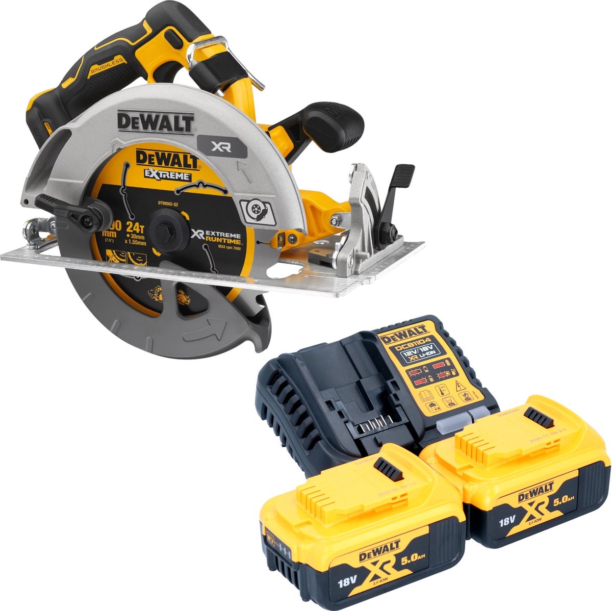 DeWalt DCS 573 P2 Accu-cirkelzaag 18 V 190 x 30 mm borstelloos + 2x accu 5.0 Ah + lader