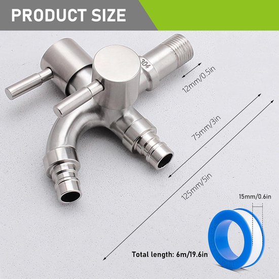 SOMATHERM FOR YOU, M1/2 dubbele uitgangen klapkraan voor wasmachine, 1/2 inch mannelijke ingang, 3/4 inch mannelijke uitgangen, verchroomde messing behuizing, montage in alle posities, ACS-standaard