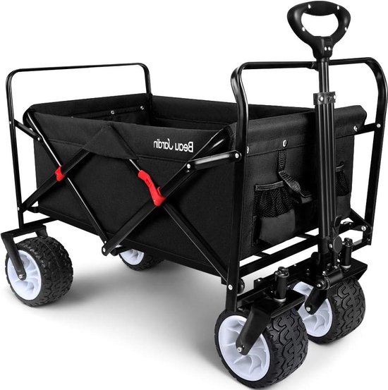 TIMBER RIDGE XXL Opvouwbare Strandwagen Met Achterklep, 135 Kg Zware Festivalwagen Afneembare Brede Wielen En Verstelbaar Handvat Voor Buiten Kamperen Tuin Winkelen Zwart 662003536