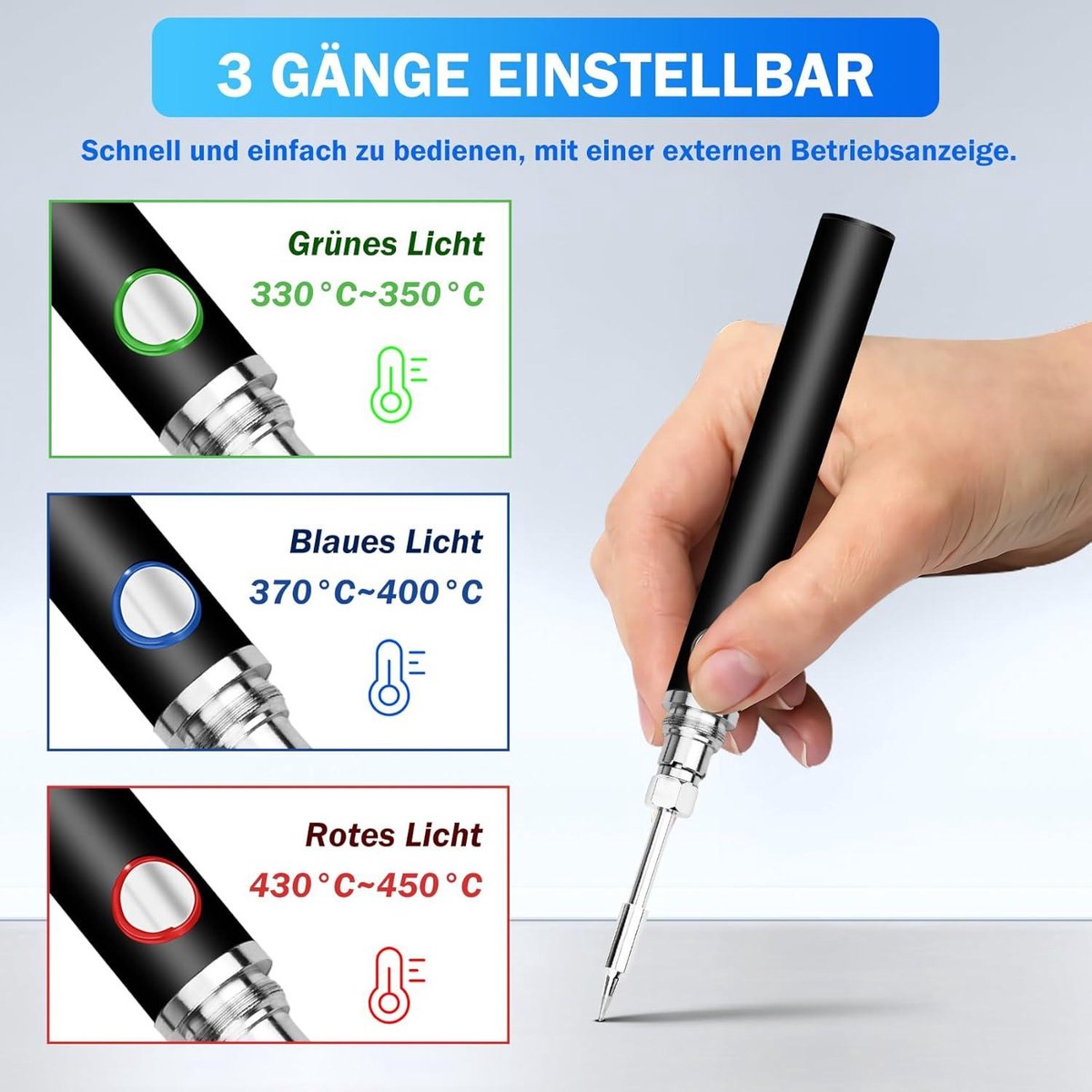 Draadloze soldeerboutset, 8 W, met 3 instelbare temperaturen, 300-450 °C, 2200 mAh hoge capaciteit en snel opwarmen, soldeerkit met 3 soldeerpunten, soldeerboutstandaard, soldeerdraad, soldeerpasta