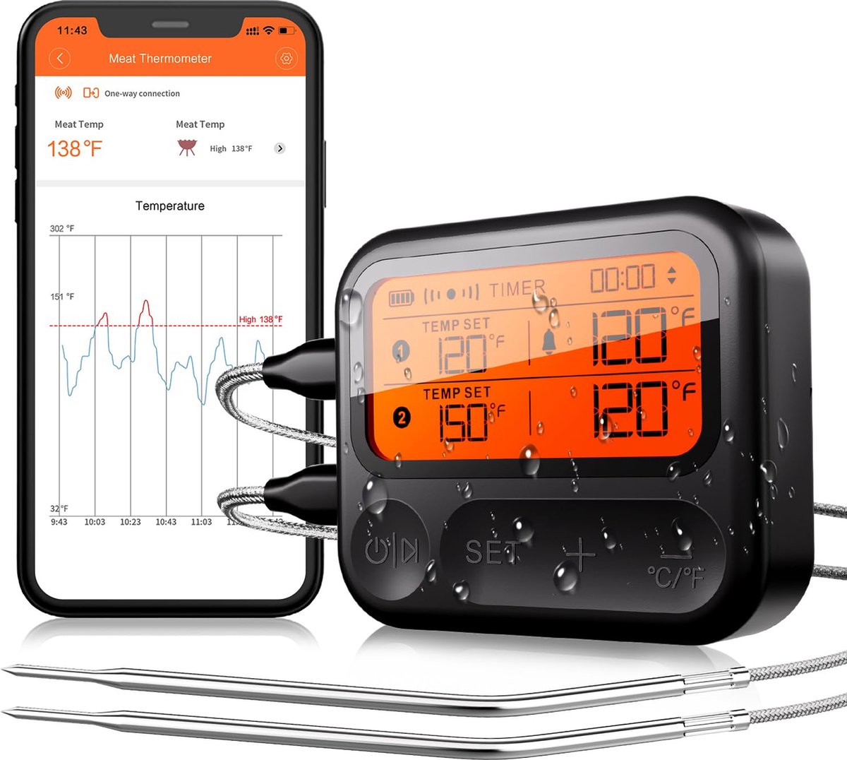Lexium Vleesthermometer draadloos - Vleesthermometer bluetooth - Vleesthermometer digitaal - Digitale BBQ Thermometer Draadloos - Keukenthermometer