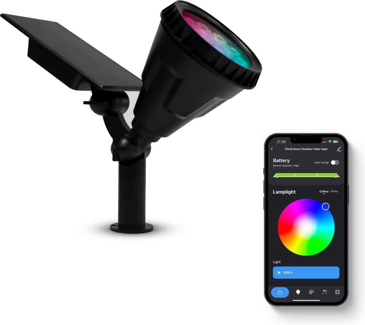 FlinQ Smart Outdoor Solar Grondspot - Slimme LED Tuinverlichting Waterdicht - Buitenlamp op Zonne Energie - Prikspot - RGB en Warm Wit Licht - Zwart