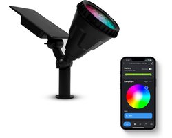 FlinQ Smart Outdoor Solar Grondspot – Slimme LED Tuinverlichting Waterdicht – Buitenlamp op Zonne Energie – Prikspot – RGB en Warm Wit Licht – Zwart