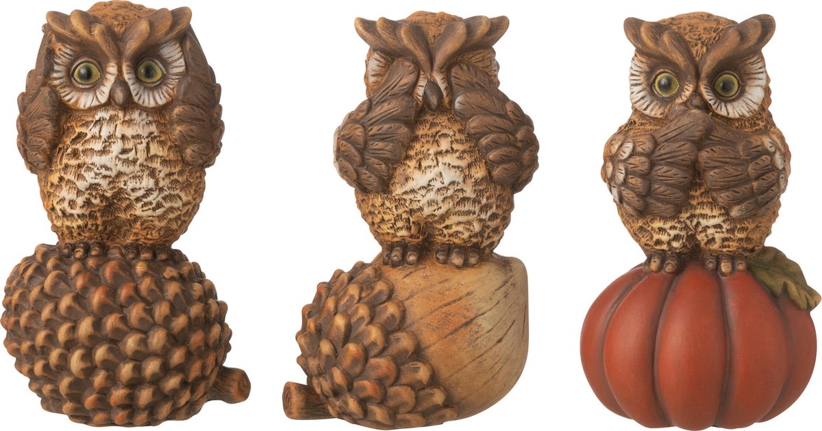 figuur Uil horen/zien/zwijgen - porselein - bruin - 3 stuks