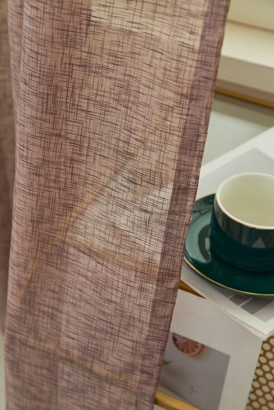 Maroyathome Bibiana - Vitrage - Kant en klaar - Plooiband - Loodveter - Schelphaken - Embrasse - DONKER TAUPE - 200 x 180 cm - 200 cm breed - 180 cm lengte - 1 stuks
