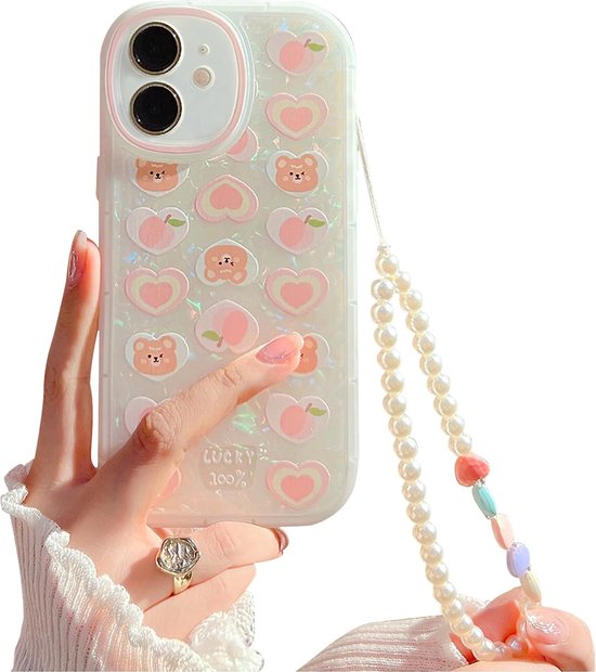 Coque de téléphone blanche ornée de pêches, cœurs et oursons. Avec un cordon en perles multicolores.