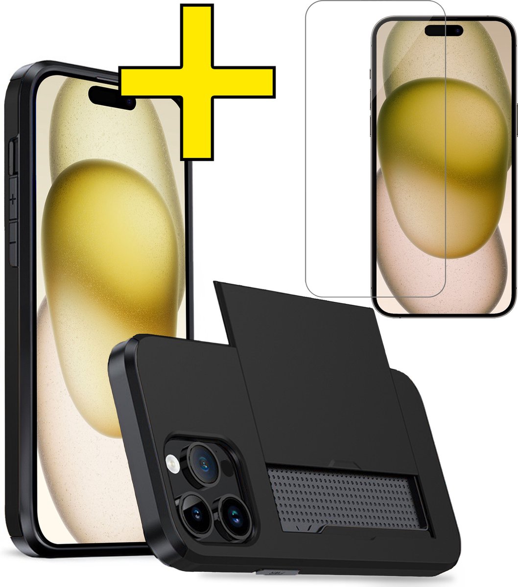 Hoesje Geschikt voor iPhone 15 Pro Max Hoesje Case Pashouder Hard Cover Met Screenprotector - Hoes Geschikt voor iPhone 15 Pro Max Hoesje Met Kaarthouder - Zwart