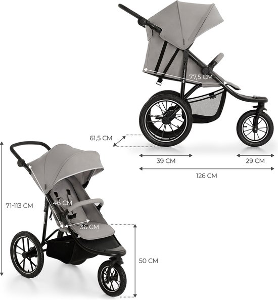 Afmetingen van een grijze kinderwagen in twee verschillende standen. Getoonde afmetingen: 77,5 cm, 39 cm, 29 cm, 126 cm, 71-113 cm, 46 cm, 36 cm, 50 cm, 61,5 cm.