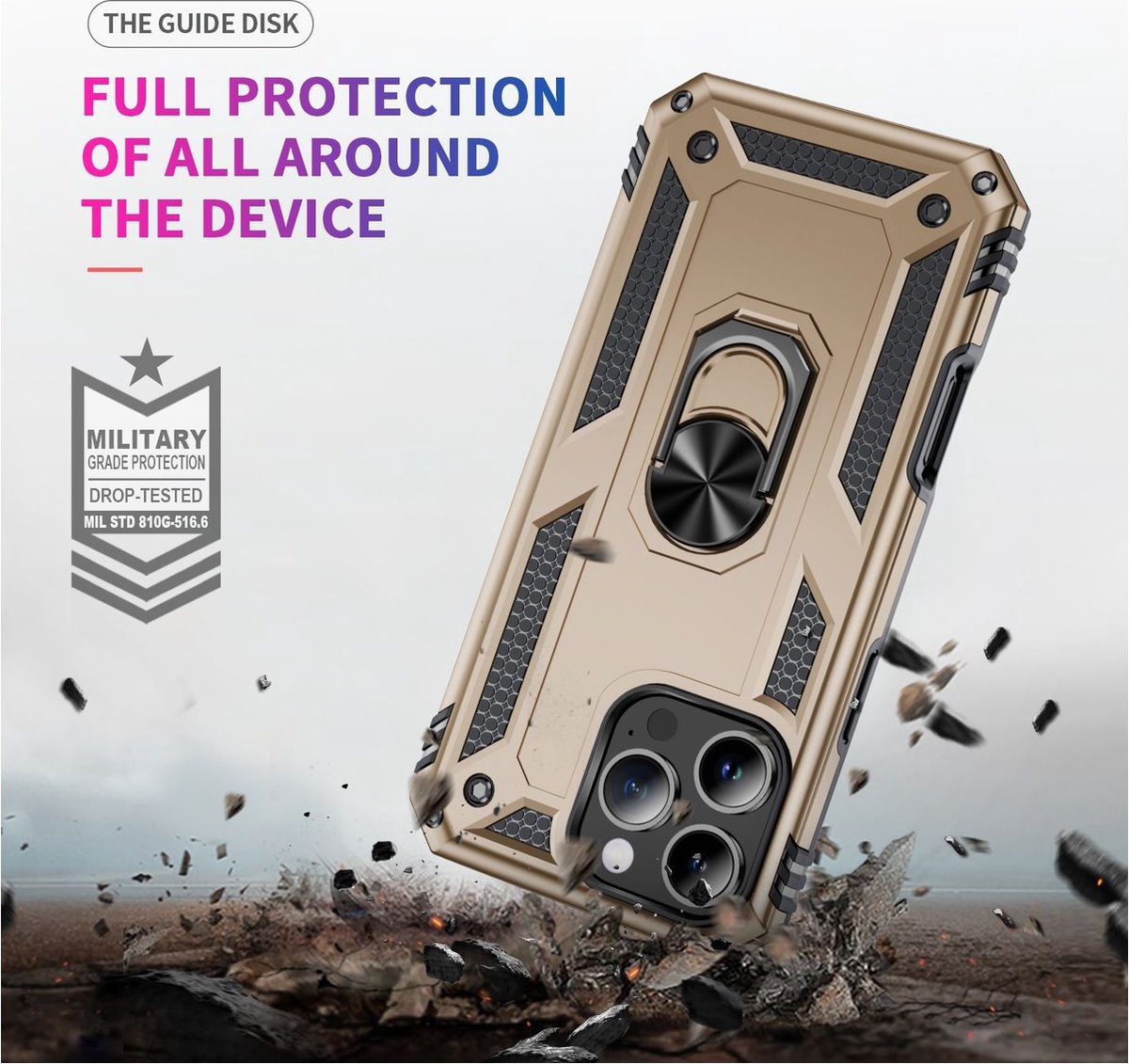 Mobigear Hoesje geschikt voor Apple iPhone 16 Pro Max Telefoonhoesje Hardcase | Mobigear Armor Ring Backcover Shockproof met Ringhouder | Schokbestendig iPhone 16 Pro Max Telefoonhoesje | Anti Shock Proof - Goud