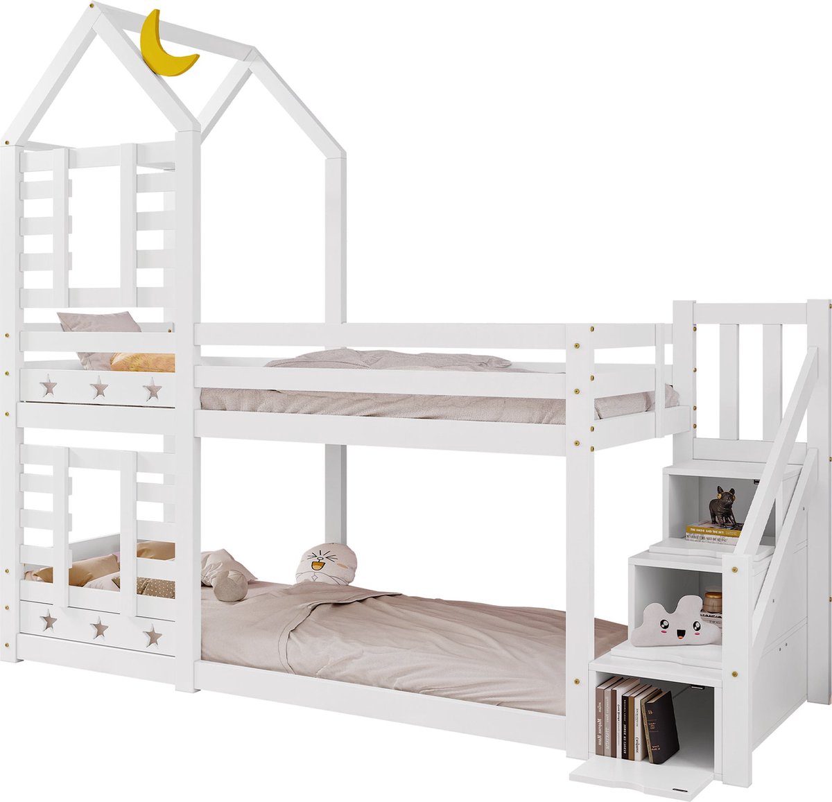 Merax 90x200 cm Stapelbed voor Kinderen - Kinderbed Huisbed met Opbergruimte en Uitvalbeveiliging - Hoogslaper Bed - Wit