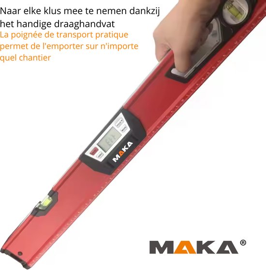 Hand wordt vastgepakt bij het handvat van een rode MAKA digitale waterpas.