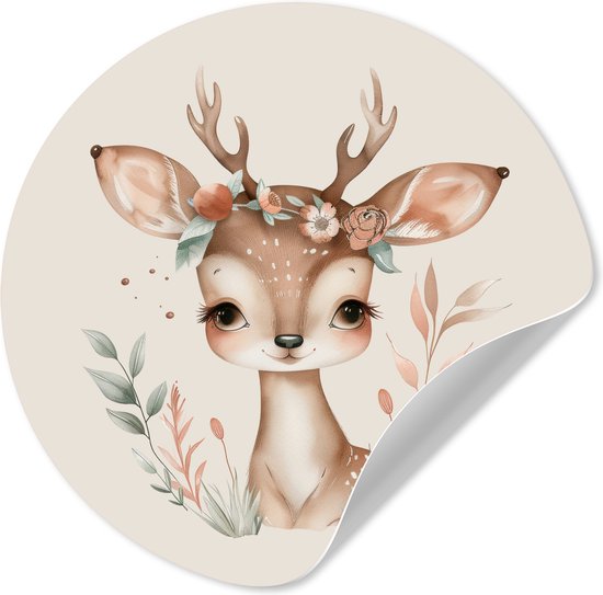 Adorable faon avec une couronne de fleurs et de petites bois, entouré de plantes. Le cercle mural est autocollant.