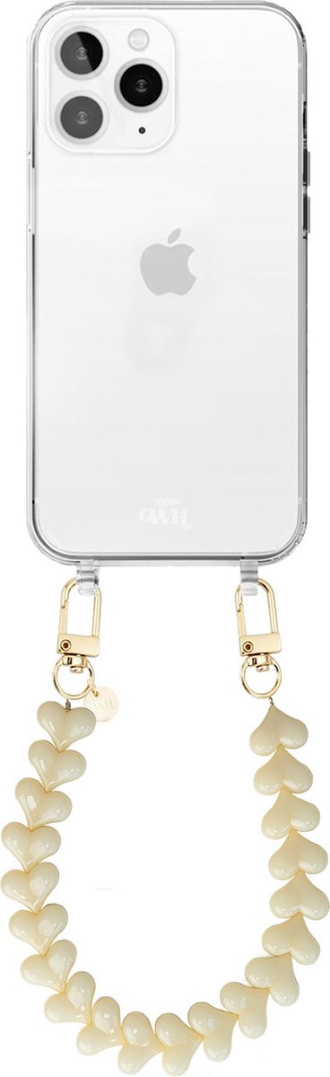xoxo Wildhearts siliconen hoesje - Geschikt voor iPhone 11 Pro hoesje - Funky Hearts - Telefoonhoesje - Hoesje met koord - Creme / Beige koord - kort telefoonkoord - Hartjes ketting - Transparant hoesje