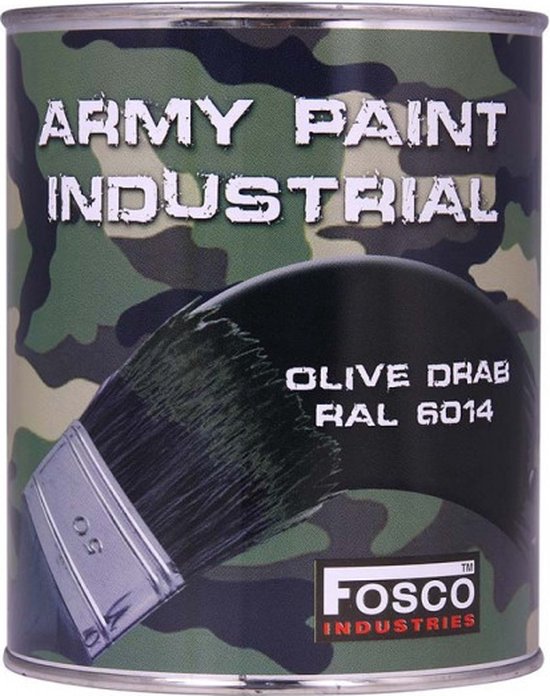 Blik met legerverf in olijfgroen RAL 6014, met camouflageprint.