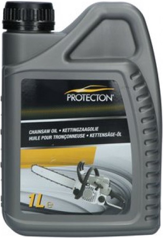 Grijze fles 1L Protecton kettingzaagolie met afbeelding van een kettingzaag.