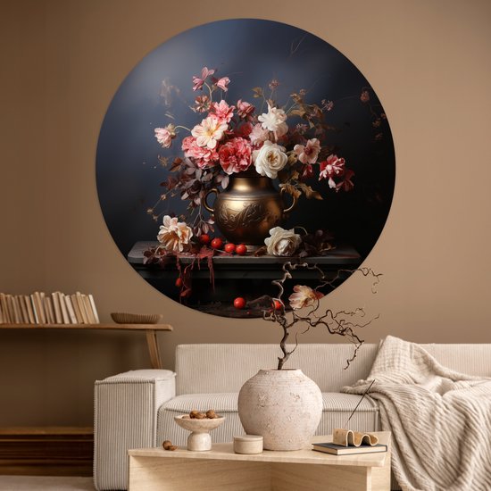 WallCircle® - Cercle de papier peint 120x120 cm - Stickers muraux Nature morte - Fleurs - Roses - Bouquet - Vase - Cercle mural salon - Cercle mural chambre - Décoration de pièce autocollante - Accessoires de Décoration murale XXL