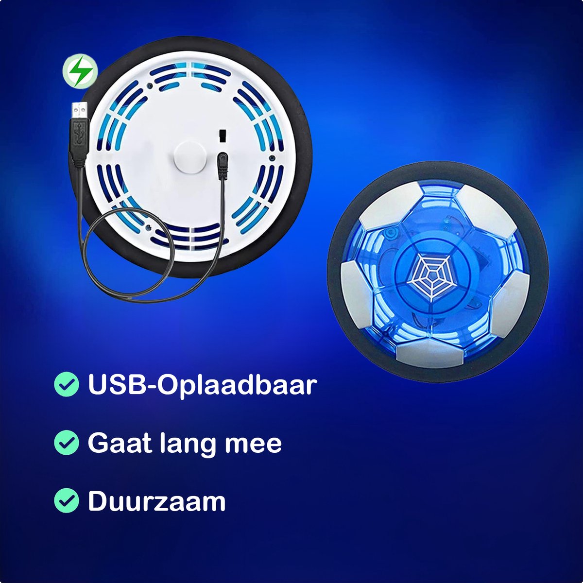 2-Pack Tech Essentials® Hover Bal - Led Verlichting - 18 cm - Oplaadbaar - Indoor Zweef Voetbal - Zachte - Kinderen - Air Powered Soccer - Binnen — afbeelding 2