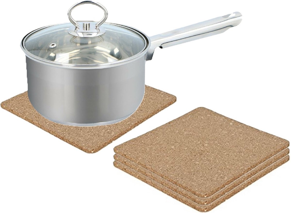 Alessandro Onderzetter voor pannen - set 4x - kurk - 18 x 18 cm - vierkant - hittebestendig - kookpannen/ovenschalen