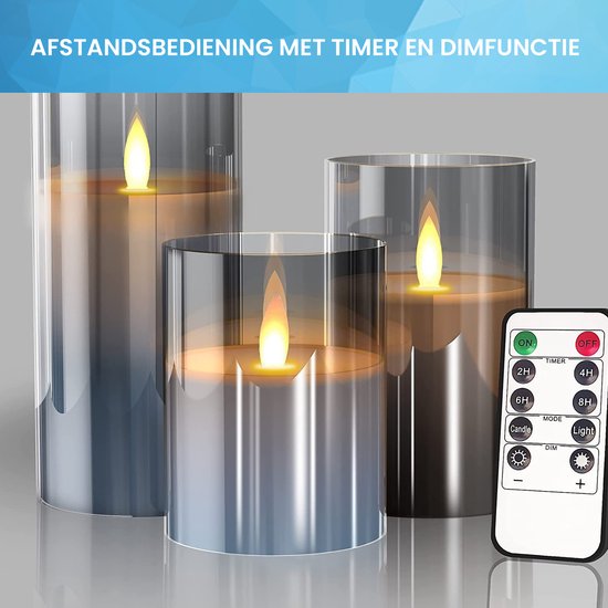 YONO LED Kaarsen à Flamme Mobile - Avec Télécommande avec Minuterie et Fonction de Gradation - 3 Pièces - Verre Fumé