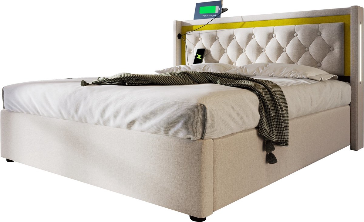 Merax Bekleed Bed 140x200 met LED Verlichting - Opslagruimte - USB Type-C Laadfunctie - en Katoenen Bekleding - Zonder Matras
