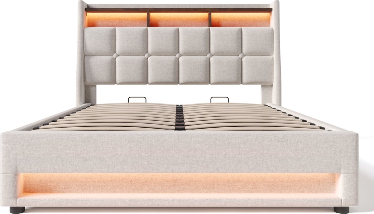 Dubbelbed met USB en LED-verlichting 140x200 cm – Metalen Lattenbodem en Linnen Stoffering – Inclusief Matras