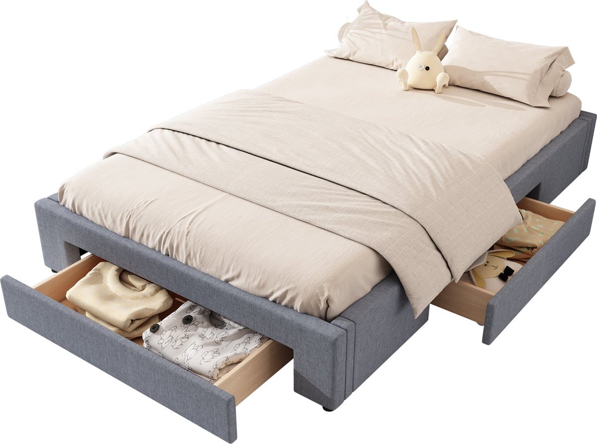 Merax 140x200 cm Flat Bed met Drie Opberglades - Zonder Hoofdbord - Grijs