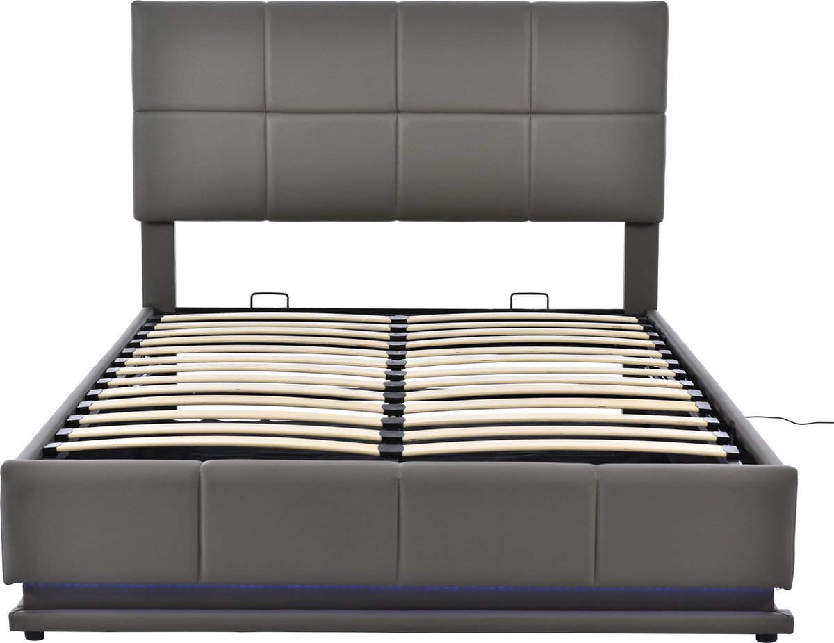 Merax Gestoffeerd Bed 140x200 cm met LED Verlichting en Hydraulische Opbergruimte - Kunstleer - Grijs