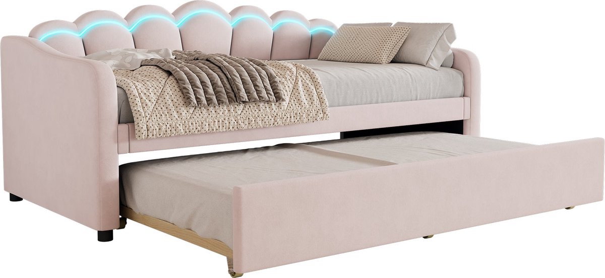 Merax Slaapbank 90x200 cm met Uittrekbed 90x190 cm – Velvet Roze – LED Verlichting met Afstandsbediening