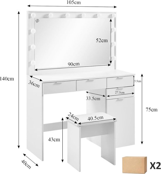 VANITII - make-up spiegel - Hollywood 15 - LED-verlichting en speaker - 58x46 cm VANITII - make-up spiegel - Hollywood 15 - LED-verlichting en speaker - 58x46 cm