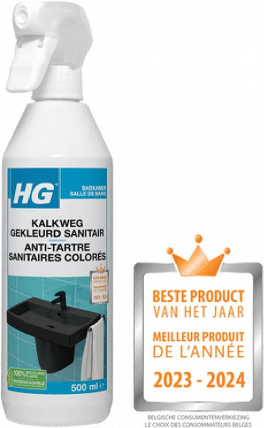 Witte spuitfles HG Kalkweg Gekleurd Sanitair met "Beste Product Van Het Jaar" keurmerk.
