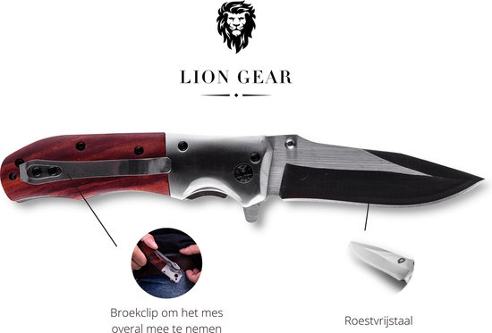 Couteau de poche de Survie outdoor - Système ouvert à 1 main et pince à pantalon - Couteau pliant 20,5 CM - Acier inoxydable - Lion Gear KN-02