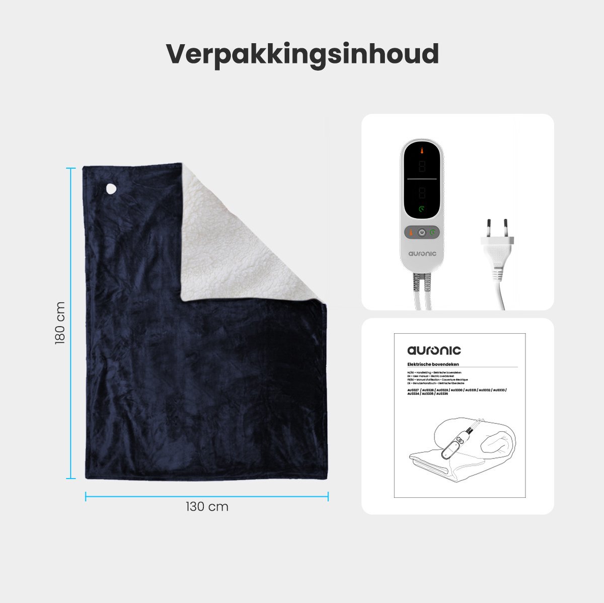Auronic Elektrische Deken - 180 x 130 cm - 1 Persoons Warmtedeken - 9 Warmte en Timerstanden - Verwarmingsdeken - Sherpa Fleece - Blauw – foto 7