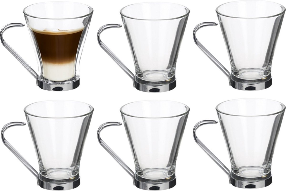 Alessandro Koffieglazen Cafeleche - 6 stuks - 150 ml - cappuccino glas - met RVS oor - lungo - Americano