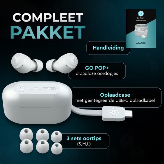 Compleet pakket met witte oordopjes, oplaadcase met USB-C kabel en 3 sets oortips (S,M,L).