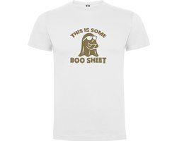 Wit T-Shirt met “This is some Boo Sheet“ Afbeelding Goud Maat M
