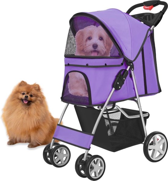 Hondenwandelwagen Opvouwbaar 4-wielig, buggy kinderwagen voor huisdieren, voor kleine middelgrote katten en honden, lichtgewicht en gemakkelijk wandelen, met bekerhouders en mand eronder, tot 25 kg (kleur: roze