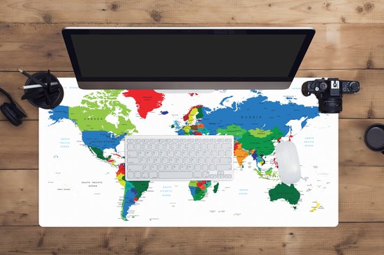 Tapis de souris XXL - Sous-main - Tapis de bureau - Wereldkaart - Couleurs - Topographie - 90x45 cm - Tapis de souris XXL